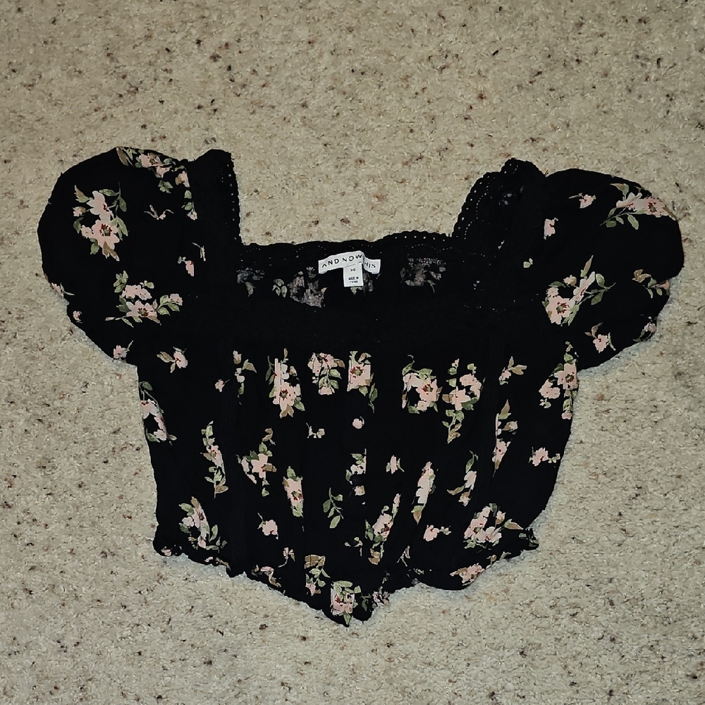 And Now This Floral Smocked Puff Sleeve Crop Blouse Black XS